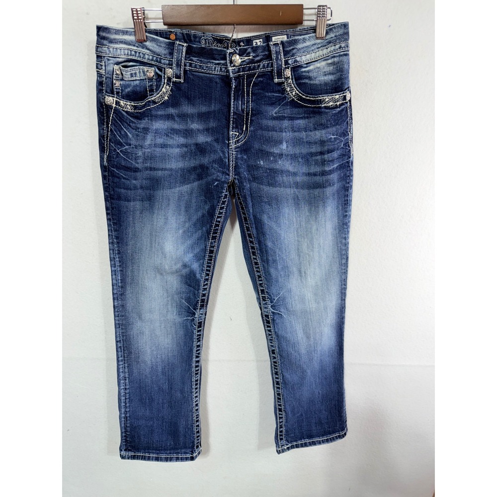 Miss Me Signature Crop Jeans Size 32 Blue Inseam 25.5" JE8091C Embellished Boho